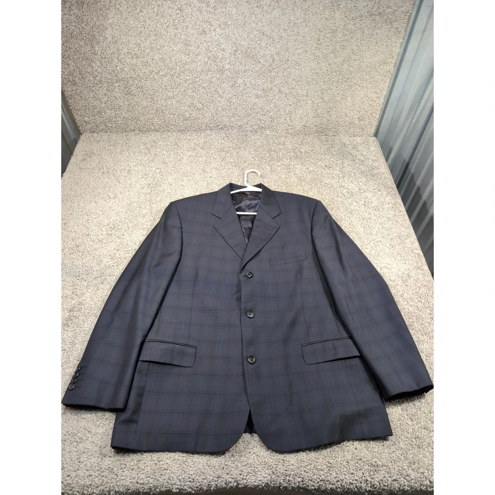 GB‎ Baroni Uomo Mens Navy Blue Plaid Wool Blend Sport Coat Blazer Made in Italy